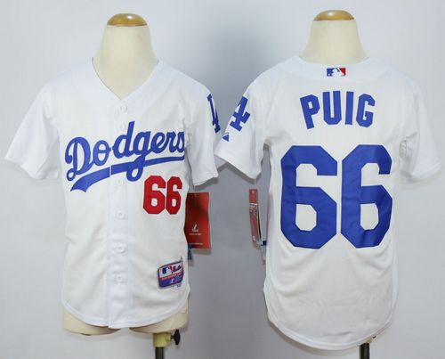Dodgers #66 Yasiel Puig White Cool Base Stitched Youth MLB Jersey - Click Image to Close